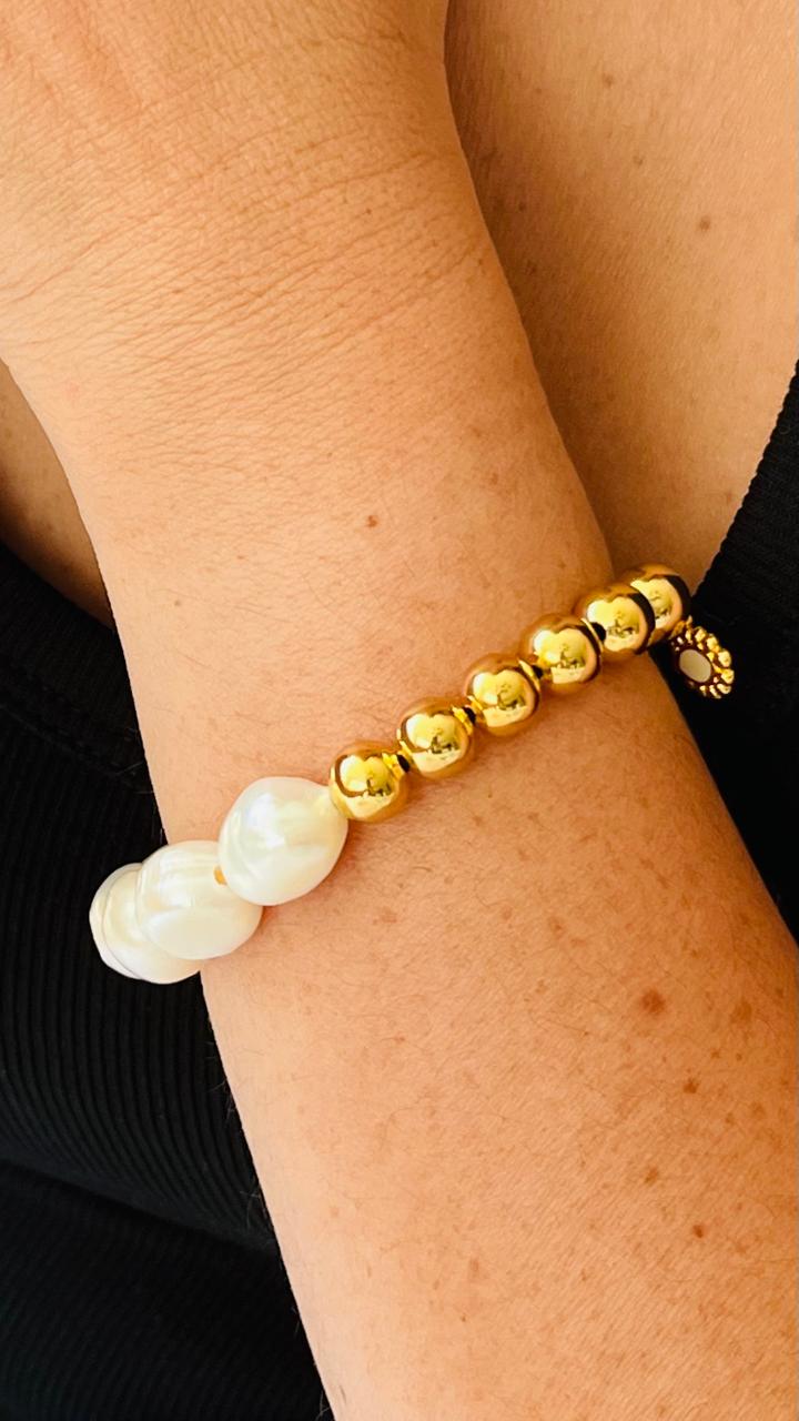 PULSERA PERLAS DE AGUA DULCE, BOLAS CHAPA